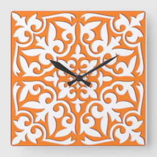 Marokkanische Fliese - korallenrotes Orange und Quadratische Wanduhr