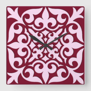marokkanische Fliesen - bordeauxrot und rosa Quadratische Wanduhr