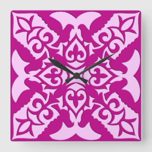 Marokkanische Fliesen - Magenta und Rosa Quadratische Wanduhr