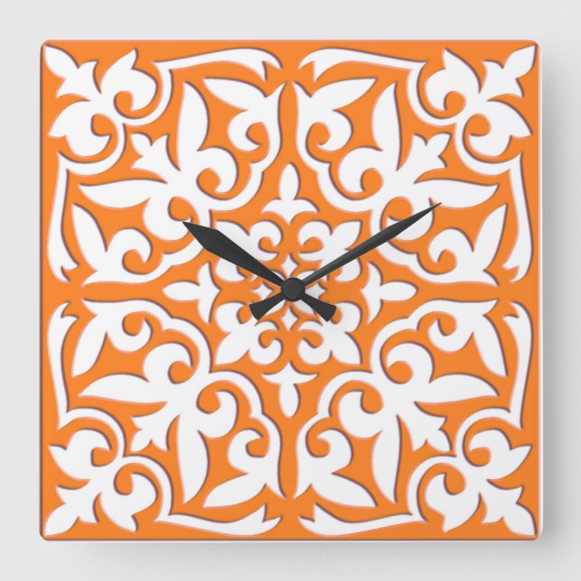 marokkanische Fliesen - orange und weiß Quadratische Wanduhr (Vorderseite)