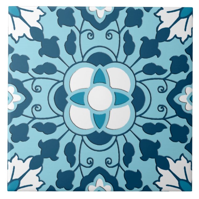 Marokkanische Flora, Indigo, Sky Blue und White Fliese (Vorderseite)