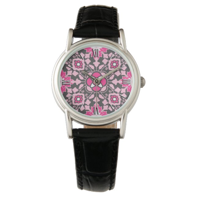 marokkanische florale Fliesen, Fuchsienrosa & Grau Armbanduhr (Vorderseite)