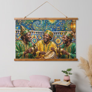 Marokkanische Gnawa-Musiker Sternennacht Impasto-Ö Wandteppich Mit Holzrahmen