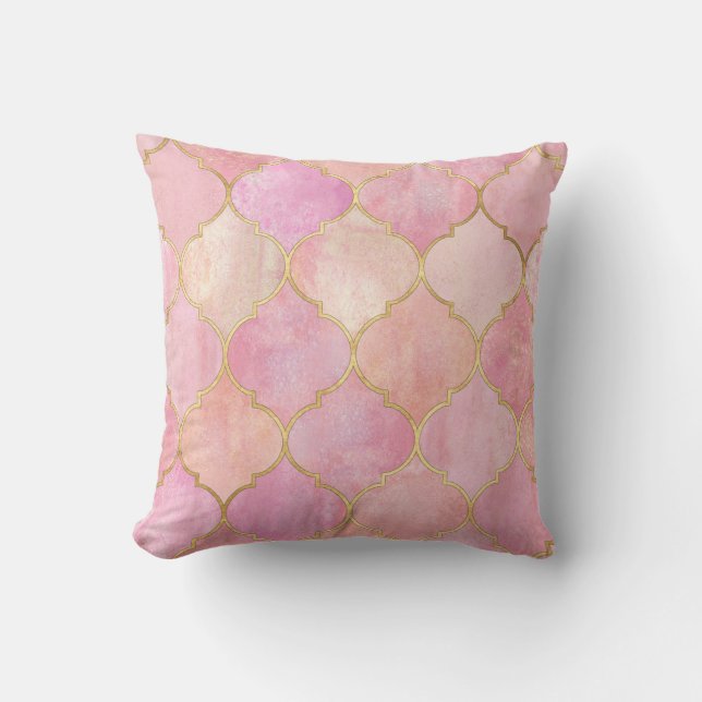 Marokkanische Goldline: Rosa Wasserfarbe Kissen (Vorderseite)