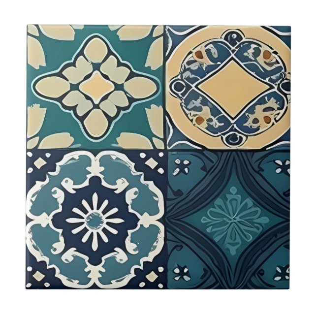 Marokkanische Keramik (blau, grün und blassgelb) Fliese (Vorderseite)