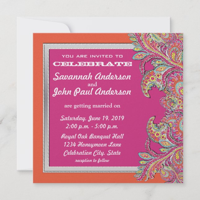 Marokkanische Mandarine & Fuchsia Hochzeitseinladu Einladung (Vorderseite)