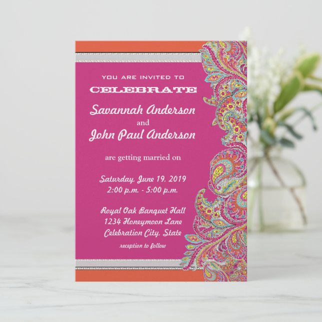 Marokkanische Mandarine & Fuchsia Hochzeitseinladu Einladung (Stehend Vorderseite)