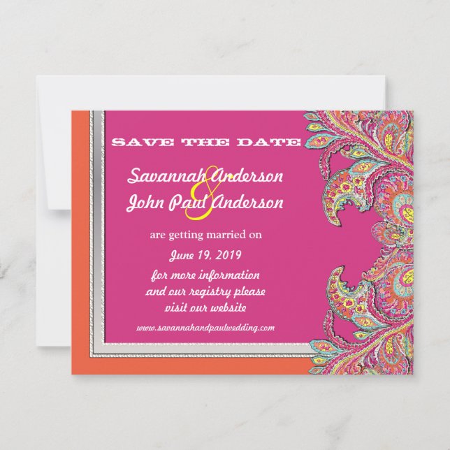 marokkanische Mandarine & Fuchsia Wedding Save the Einladung (Vorderseite)