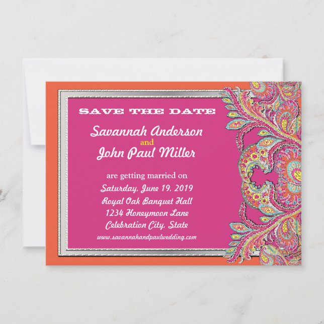 marokkanische Mandarine & Fuchsia Wedding Save the Einladung (Vorderseite)