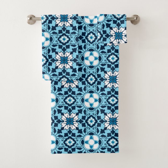Marokkanische mit Blumenfliese, Indigo, Badhandtuch Set (Insitu)