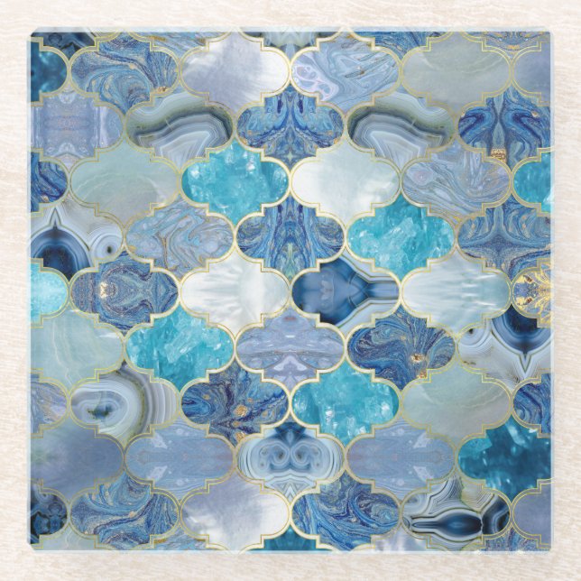 Marokkanische Trellis Blue Mineral Textures Glasuntersetzer (Vorderseite)