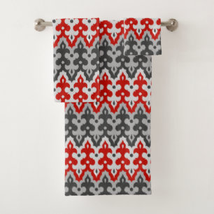 marokkanischer Ikat Damask, Grau und Rot Badhandtuch Set