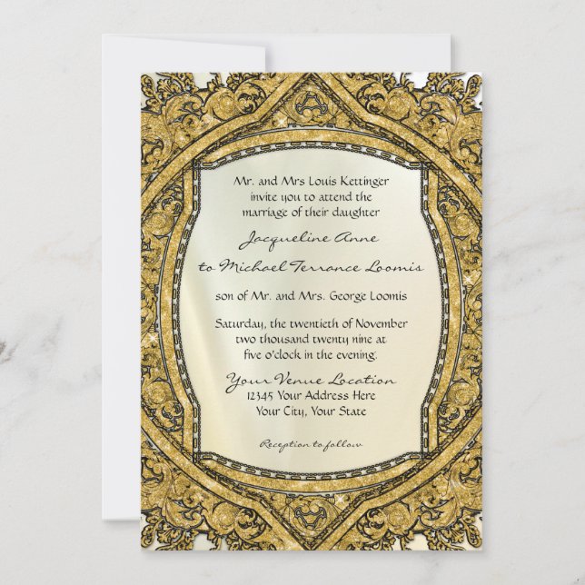 Marokkanischer Swirl Scroll Gold Glitzer Hochzeit Einladung (Vorderseite)