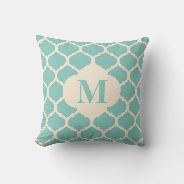 marokkanisches Aquamarines Monogramm-Kissen Kissen (Vorderseite)