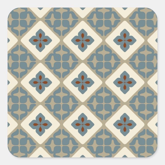 Marokkanisches Blumenmuster Muster Blue Tan Red Quadratischer Aufkleber (Vorderseite)
