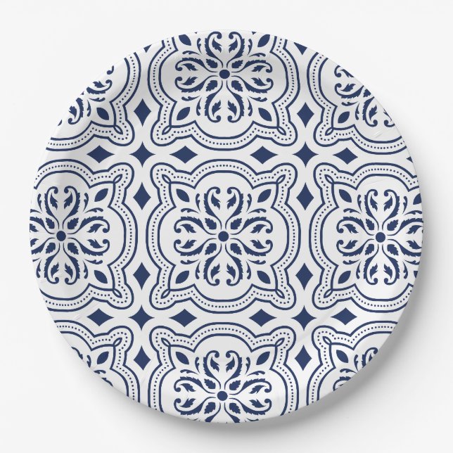 Marokkanisches fett blaues geometrisches Motiv Pappteller (Vorderseite)