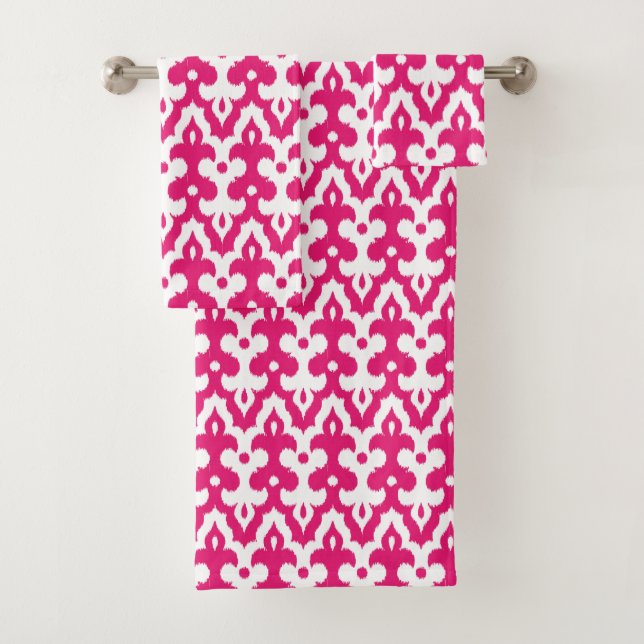 marokkanisches Ikat Damask Muster, Fuchsienrosa &  Badhandtuch Set (Insitu)