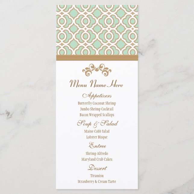 marokkanisches Menü Mint Green und Gold Menükarte (Vorderseite)