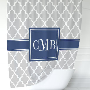 Marokkanisches Monogramm in Grau und Marineblau Duschvorhang
