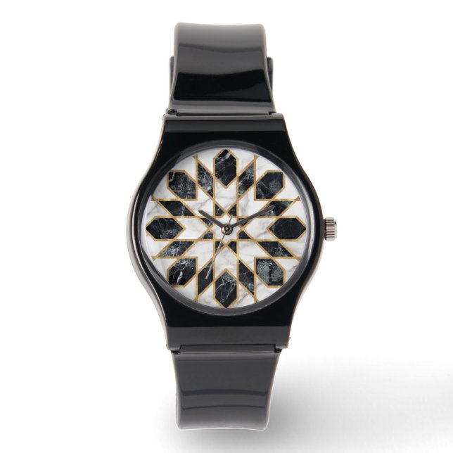 Marokkanisches Mosaik aus schwarzem und weißem Mar Armbanduhr (Vorderseite)
