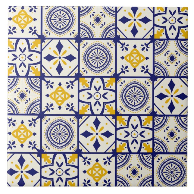 Marokkanisches Muster in Blau, Gelb, Creme Fliese (Vorderseite)