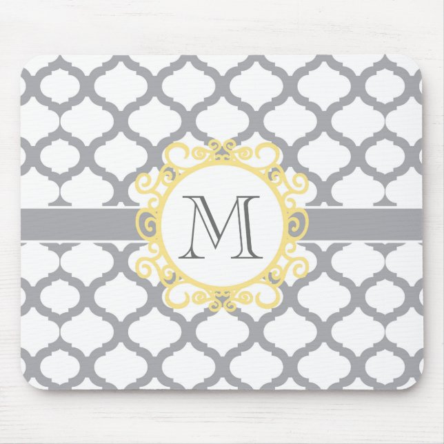 Marokkanisches Muster in Grau und Gelb mit Monogra Mousepad (Vorne)