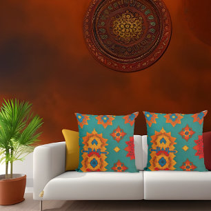 marokkanisches Stoff exotische rot-orange aquamari Kissen