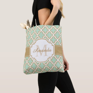Marokkanisches Vierpass-Muster Gold Mint Monogramm Tasche