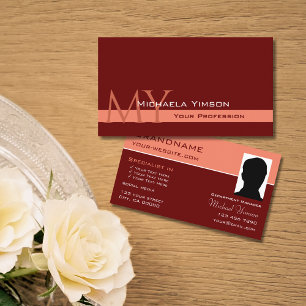 Maroon and Coral Modern mit Monogramm und Foto Visitenkarte