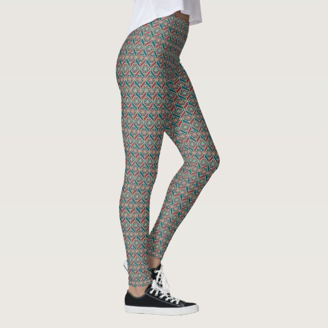 Maroon, Aquamarines ethnisches Muster, Blume, Chev Leggings (Rechts)