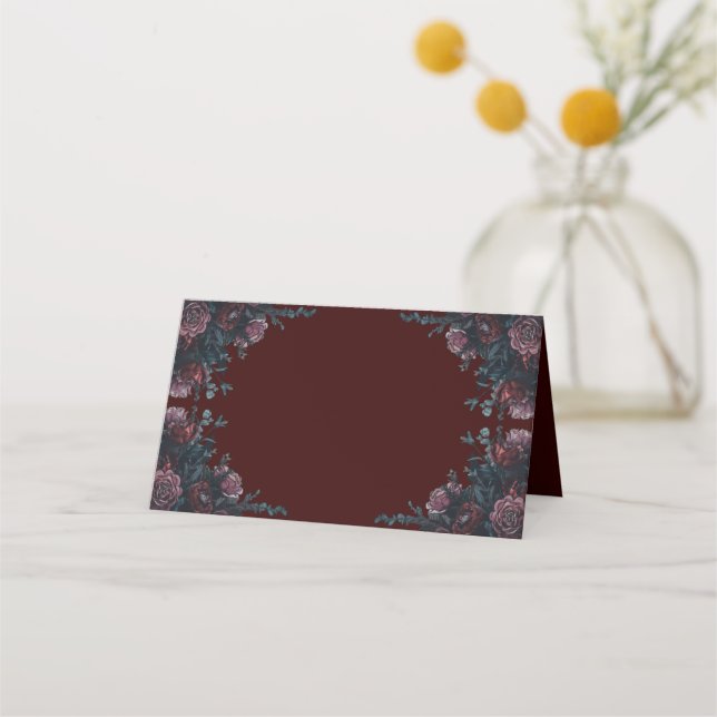 Maroon Autumn Floral Wedding Platzkarte (Vorderseite)