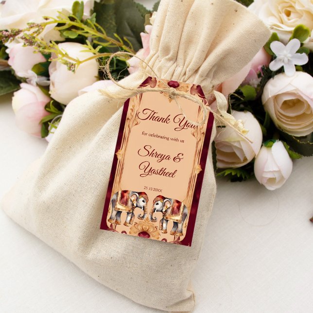 Maroon beige indische Hochzeitelefanten bevorzugen Geschenkanhänger (Maroon beige Indian wedding elephants favor Gift Tags Hindu wedding thank you favor tags)