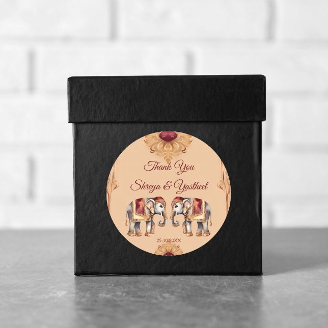 Maroon beige indische Hochzeitelefanten bevorzugen Runder Aufkleber (Maroon beige Indian wedding elephants favor Sticker wedding thank you stickers Hindu wedding favors)