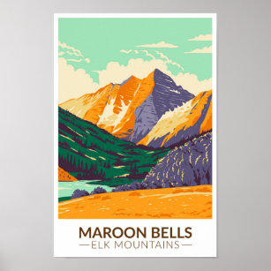 Maroon Bells Elk Mountains Colorado Vintag Poster