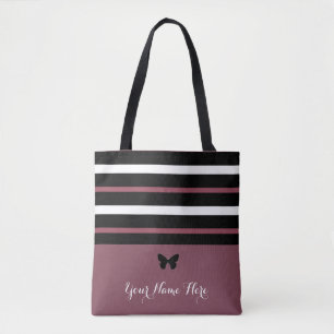 Maroon Black and White Stripes mit Schmetterling # Tasche