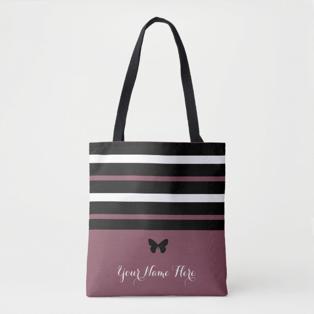 Maroon Black and White Stripes mit Schmetterling # Tasche (Vorderseite)