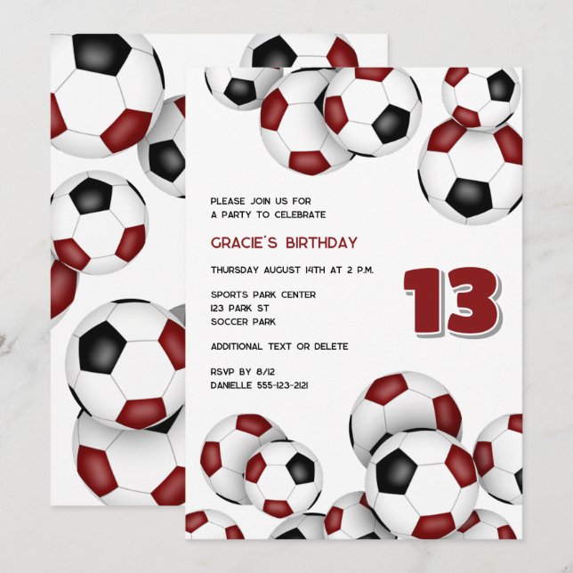 Maroon Black Fußball Kindergeburtstag Einladung (Vorne/Hinten)