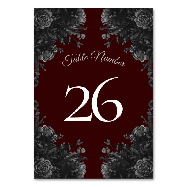 Maroon Black Gray Rose Gothic Wedding Tischnummer (Rückseite)