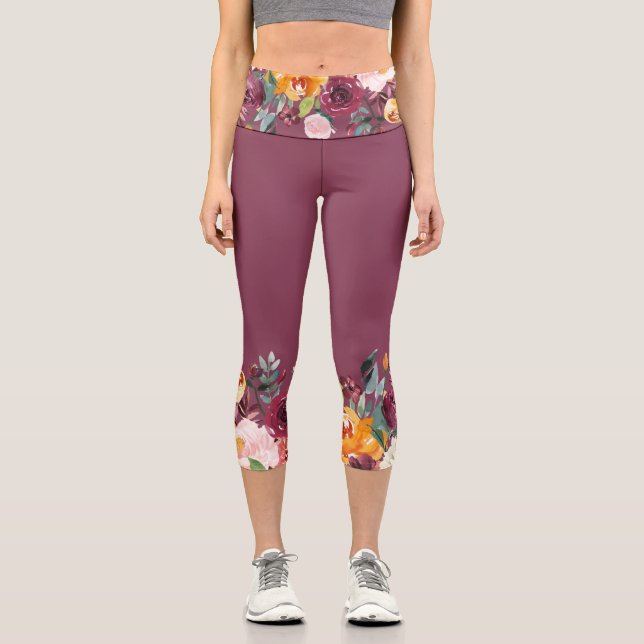 Maroon Blume Borders Capri Leggings (Vorderseite)