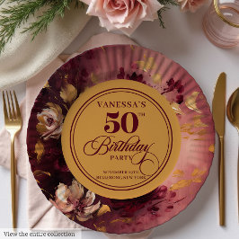 Maroon Blush Gold Floral 50. Geburtstag Pappteller