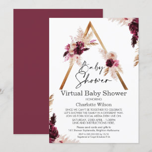 Maroon Boho Pampas Baby shower virtuel Invitation