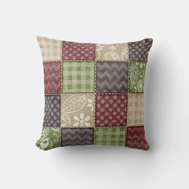 Maroon, Brown, Tan & Green Quilt Look Kissen (Vorderseite)