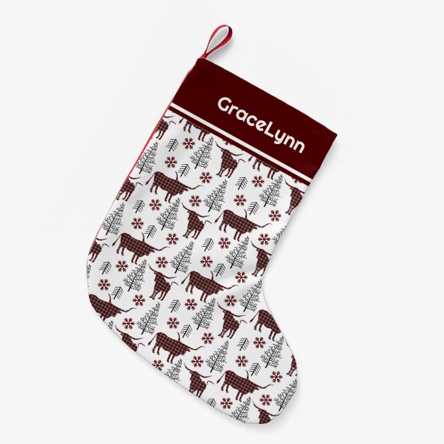 Maroon Buffalo Kariertes länghorn Muster Kleiner Weihnachtsstrumpf (Vorderansicht (hängend))