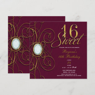Maroon Burgund Gold Diamond Sweet 16 Geburtstag Einladung
