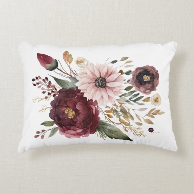 Maroon Burgundy Blush Pink Floral Wasserfarbe Dekokissen (Vorderseite)