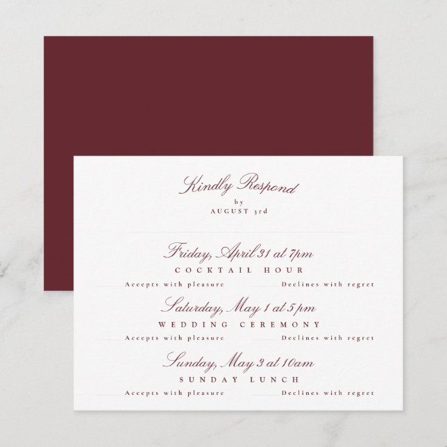 Maroon Burgundy Elegant Calligraphy Multi-Event RSVP Karte (Vorne/Hinten)