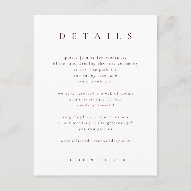 Maroon Burgundy Elegant Details I Wedding Modern Begleitkarte (Vorderseite)