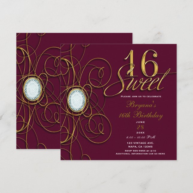 Maroon Burgundy Gold Diamond Sweet 16 Geburtstag Einladung (Vorne/Hinten)