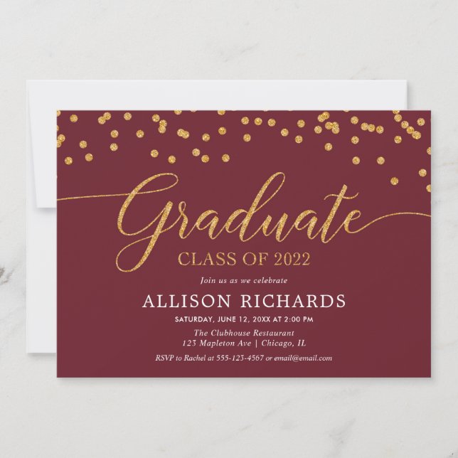 Maroon burgundy gold elegant 2022 Abschluss Einladung (Vorderseite)