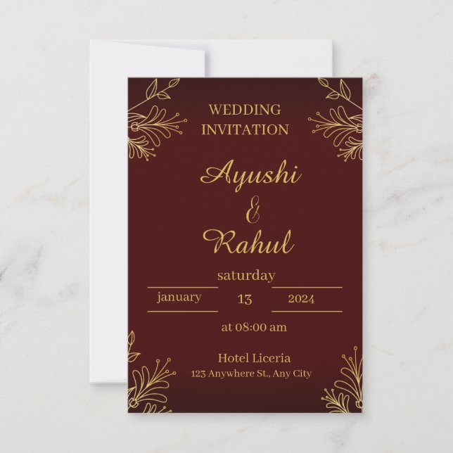 Maroon Burgundy Gold Foil Look Wedding Invitation (Devant)